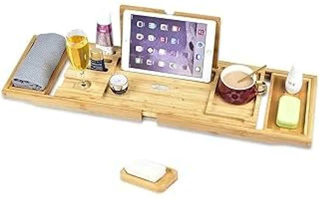 Vassoio Vasca da Bagno in Bambù Estraibile | Supporto iPad e Calice