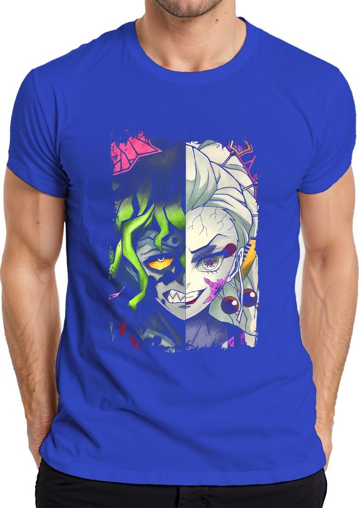 Dämon Oni Halbgesicht Anime Manga Gothic Grunge Maske Y2K Japan Herren T-Shirt, Blau, S