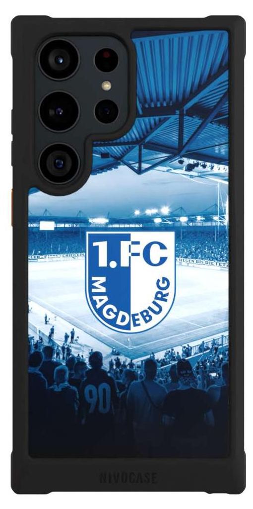 NIVOCASE Hülle für Samsung Galaxy S23 Ultra Stoßfeste Handyhülle NIVOmax Case Schwarz Stadion 1. FC Magdeburg 1. FCM