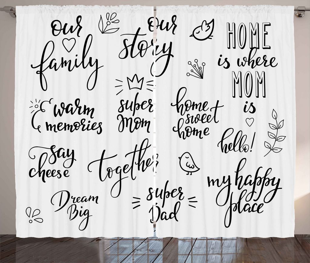 ABAKUHAUS inspirativ Rustikaler Vorhang, Familienbeschriftung, Wohnzimmer Universalband Gardinen mit Schlaufen und Haken, 280 x 225 cm, Hellgrau Sc...