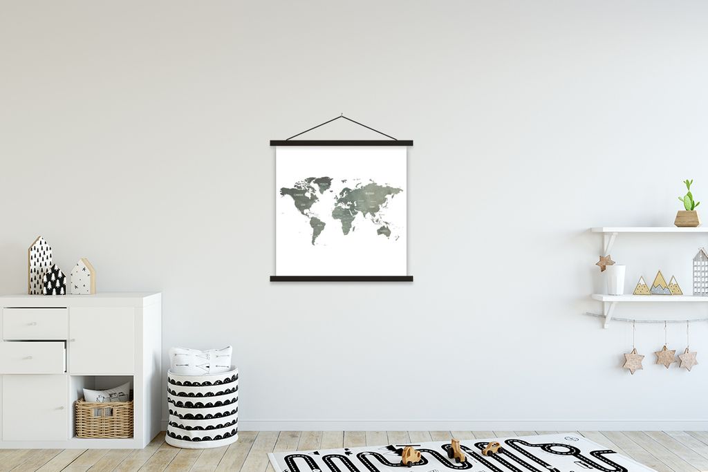 MuchoWow Textilposter Weltkarte - Aquarell - Welt 60x60 cm mit schwarzem Rahmen - Posteraufhänger