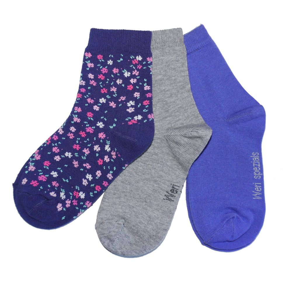 Kinder Socken 3-er Pack aus Baumwolle Blümchen Tinte Größe 35-38