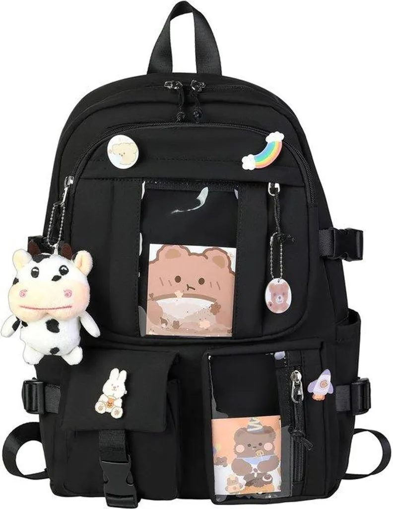 Sac à dos d'école noir Modèle 2 avec pin's kawaii et ours en peluche