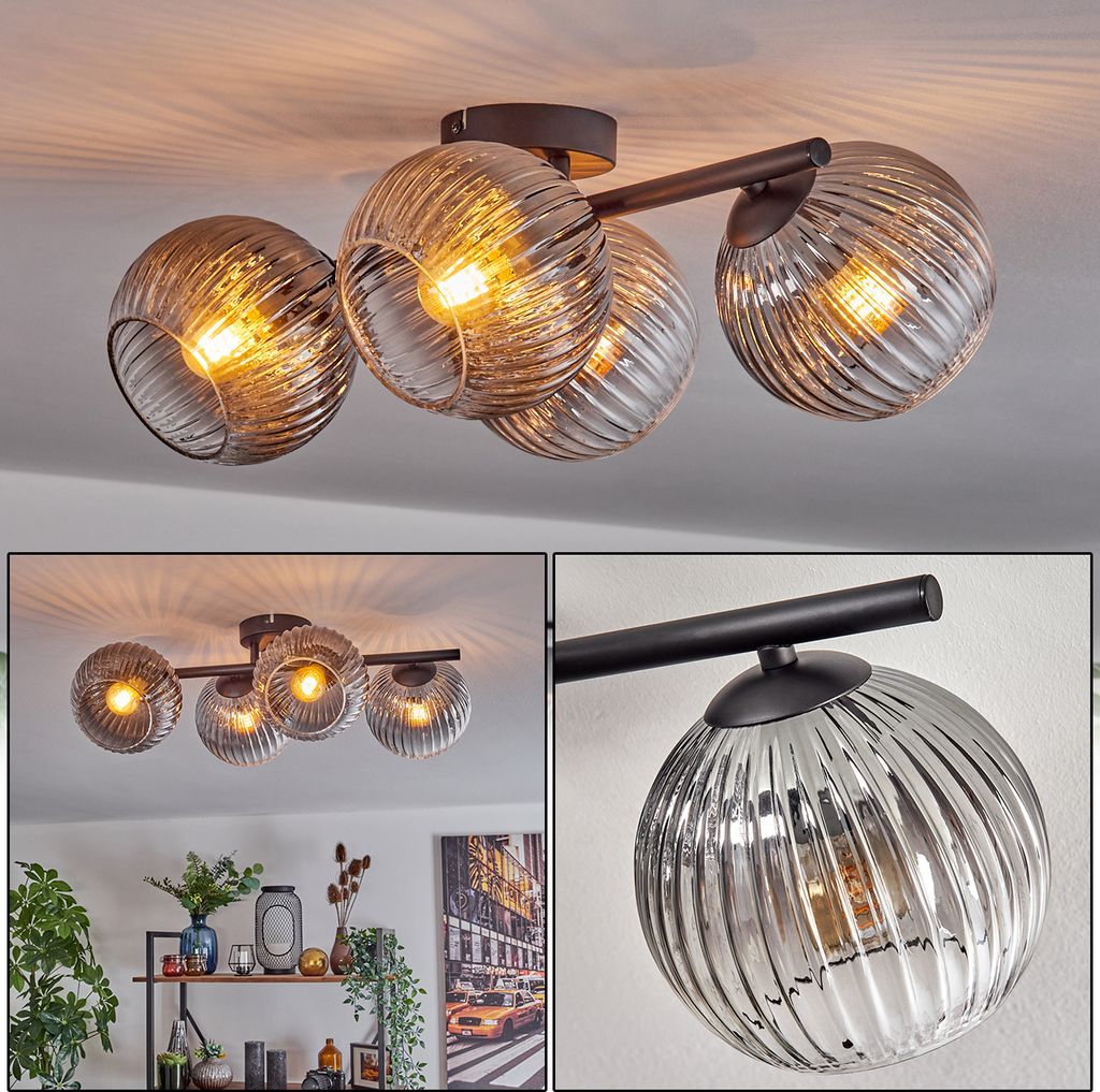 Cesaro 4-flammige Deckenlampe aus Metall/Riffelglas in Rauchfarben/Klar