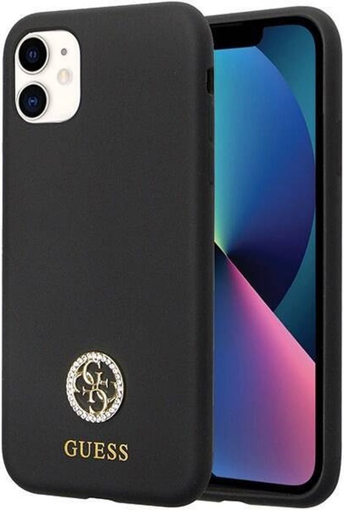 Guess GUHCN614DGPK Hülle für iPhone 11 / Xr - Schwarzes Silikon Logo Strass 4G Handyhülle