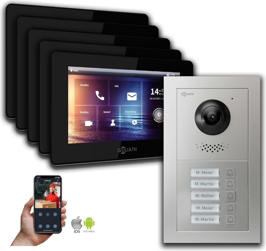 Goliath 2-Draht BUS Video Türsprechanlage: 5 Familienhaus, Smartphone App, Silber : Unterputzdose : 7 Zoll in Schwarz Monitor Auswahl: 7 Zoll in S...