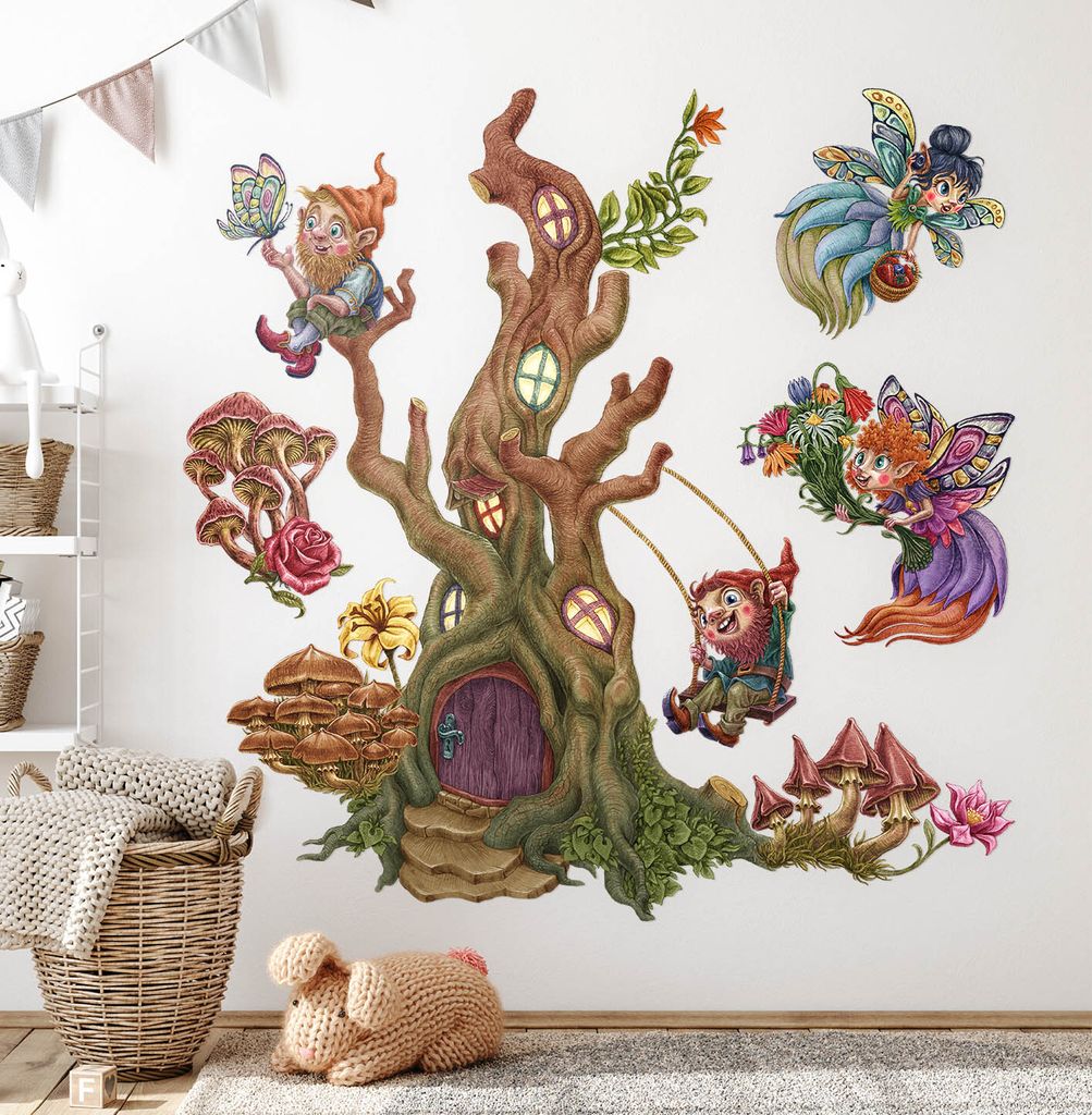 Feenwald– Wandgestaltung – Wandbilder Kinder – Motivtapeten Set – Wanddekor Kinderzimmer – Selbstklebende Wandsticker – 60x62 cm