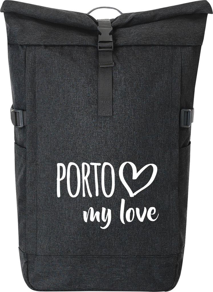 Huuraa Kurierrucksack Porto my love 30-44 Liter Black Melange Fairtrade Rolltop Rucksack Geschenkidee