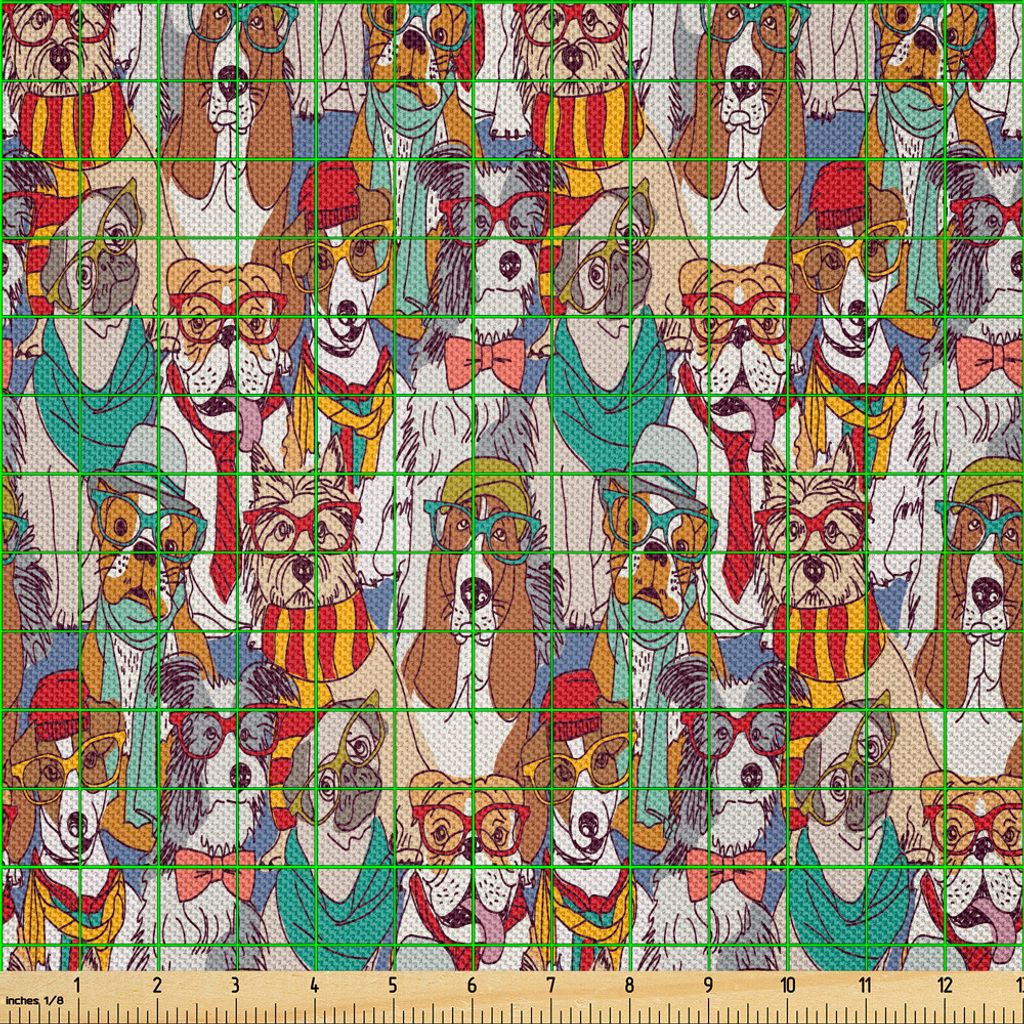 ABAKUHAUS Hund Satin Stoff als Meterware, Hipster Bulldog Schnauzer Pug Rassen mit Brille Hüte Schal Muster bunte Cartoon, 5 M (148 x 500 cm), Meh...