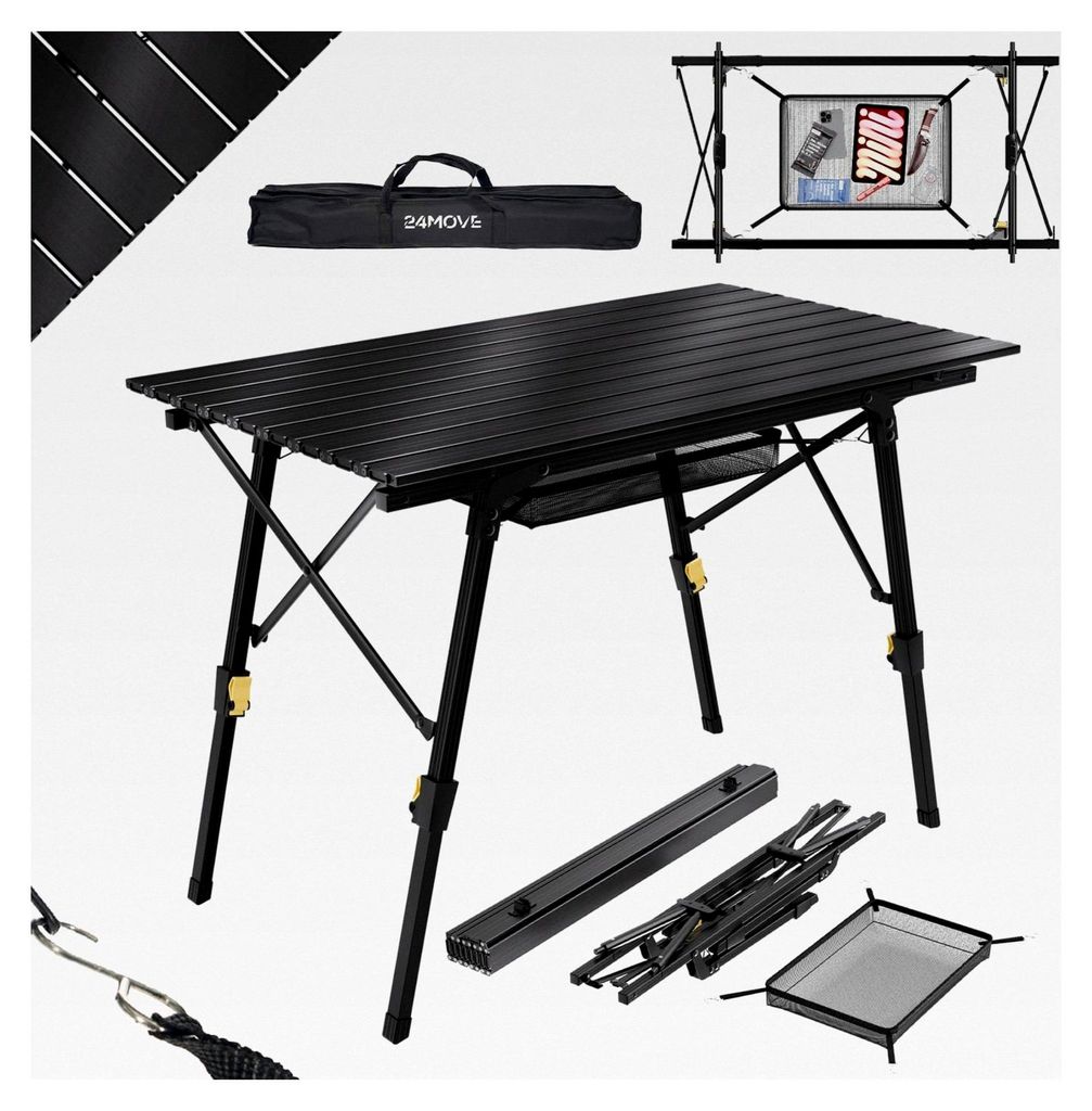 Campingtisch Klapptisch mit Aluminiumrahmen, aufrollbarer Tischplatte, höhenverstellbar, inkl. Tragetasche - bis 30 kg, Schwarz