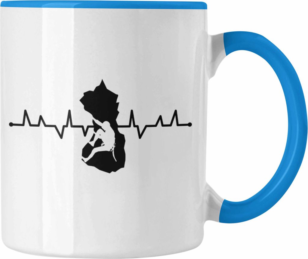 Trendation - Klettern Bergsteigen Geschenk Tasse Boulder Geschenkidee Berge Herzschlag (Blau)