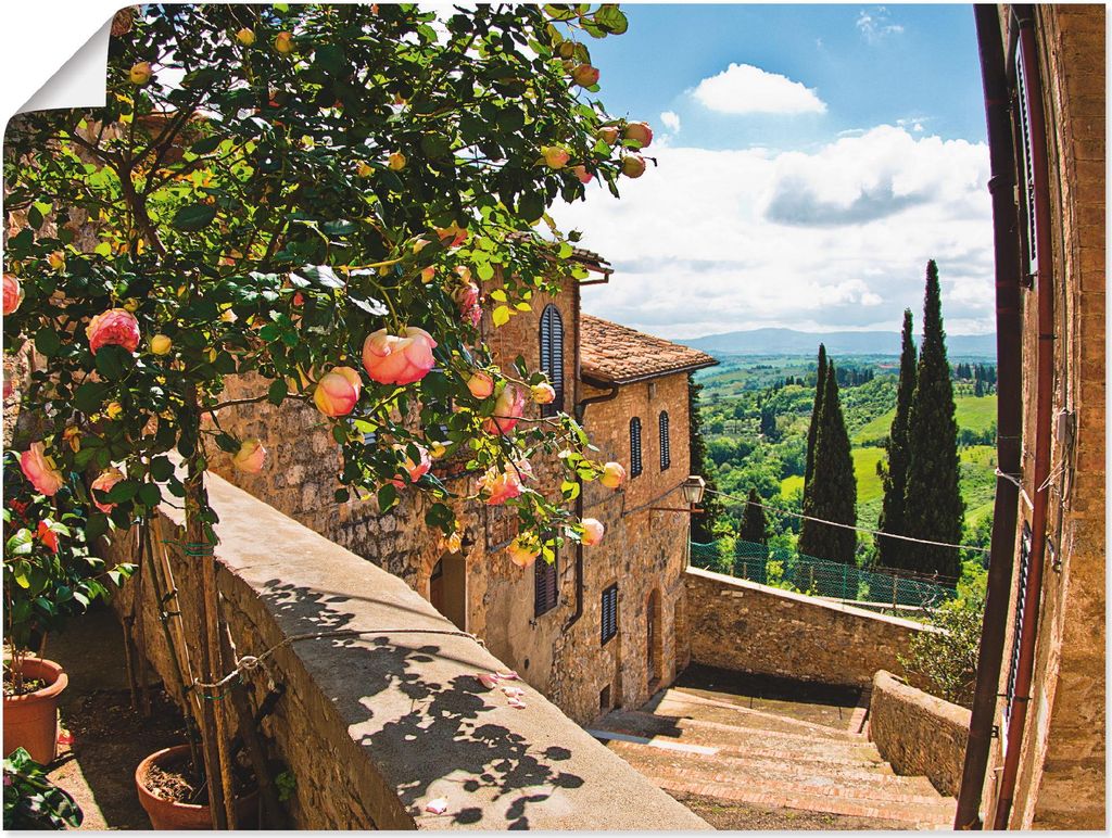 ARTland Poster Rosen auf Balkon Toskanalandschaft Größe: 80x60 cm