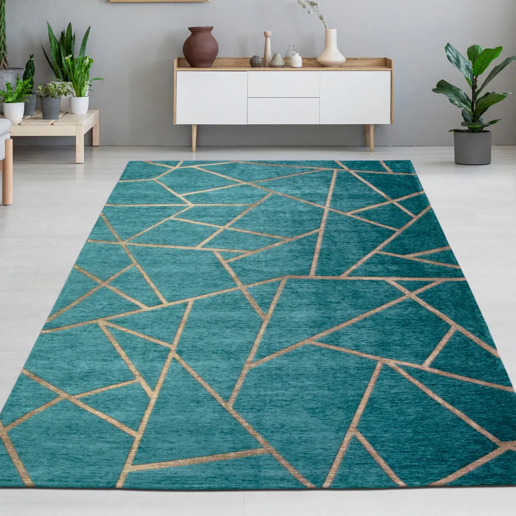 Tapis anti-tache résistant pour salon moderne bleu pétrole et or