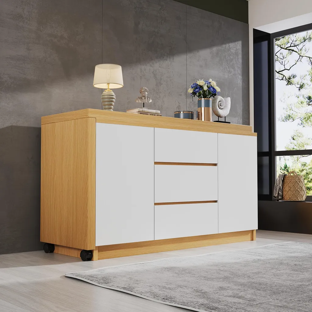 Bureau d'angle gain de place avec coiffeuse pivotante et buffet à roues