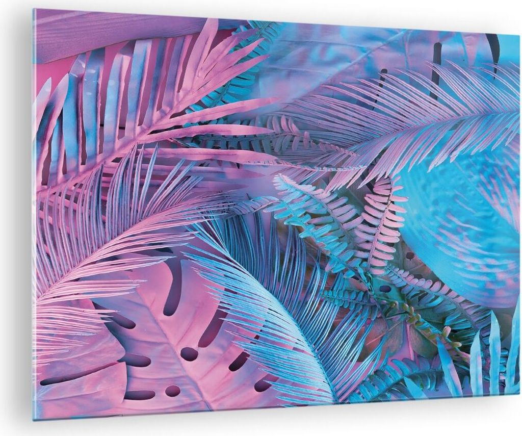 Bilder auf glas - Einteilig - Blätter Rosa Blau - 70x50cm - Glasbilder - Wandbilder - Bilder - zum Aufhängen bereit - Wanddekoration aus Glas - G...