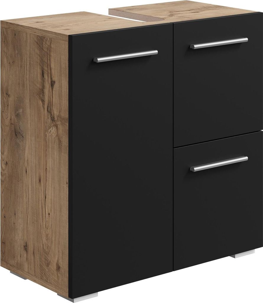 Badplaats Waschbeckenunterschrank Mars 60 x 30 cm Kastanien Eiche mit Schwarz Matt - Stehender Badezimmerschrank mit 2 Türen und 1 Schublade