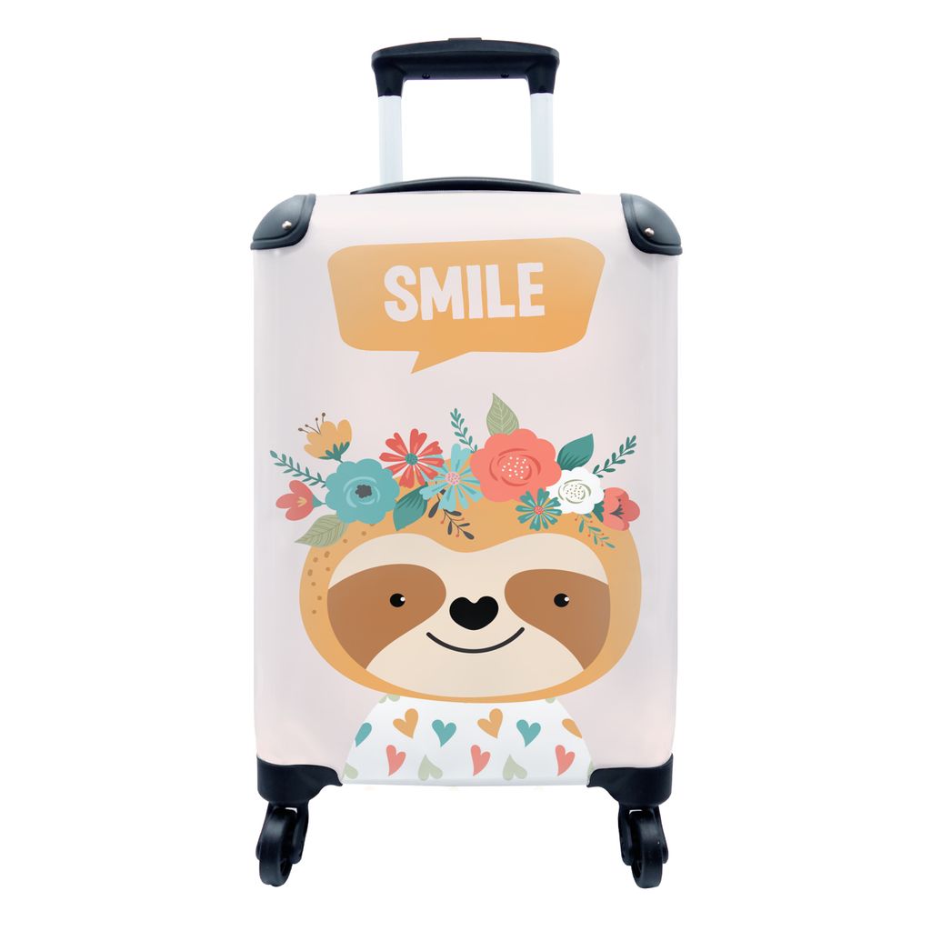 MuchoWow Koffer Handgepäck Trolley Rollkoffer Kleine Reisekoffer mit 4 Rollen - Faultier - Blumen - Herz - Zitat - Cabin Size < 55x40x23 cm & 55...
