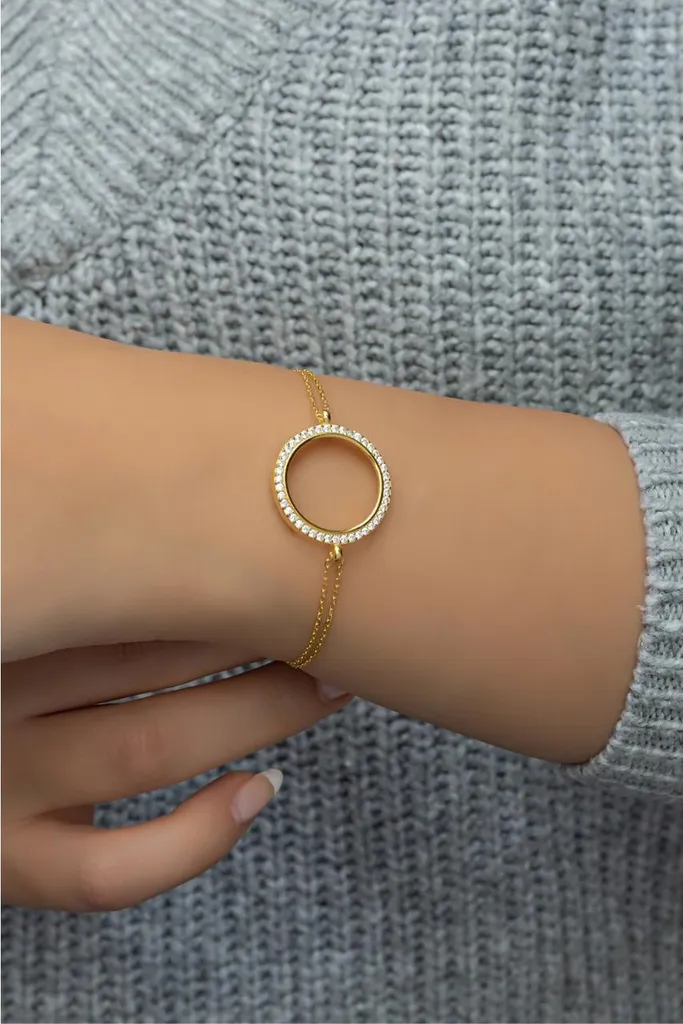 Bracelet élégant pour soirée en argent 925 avec pendentif cercle et or