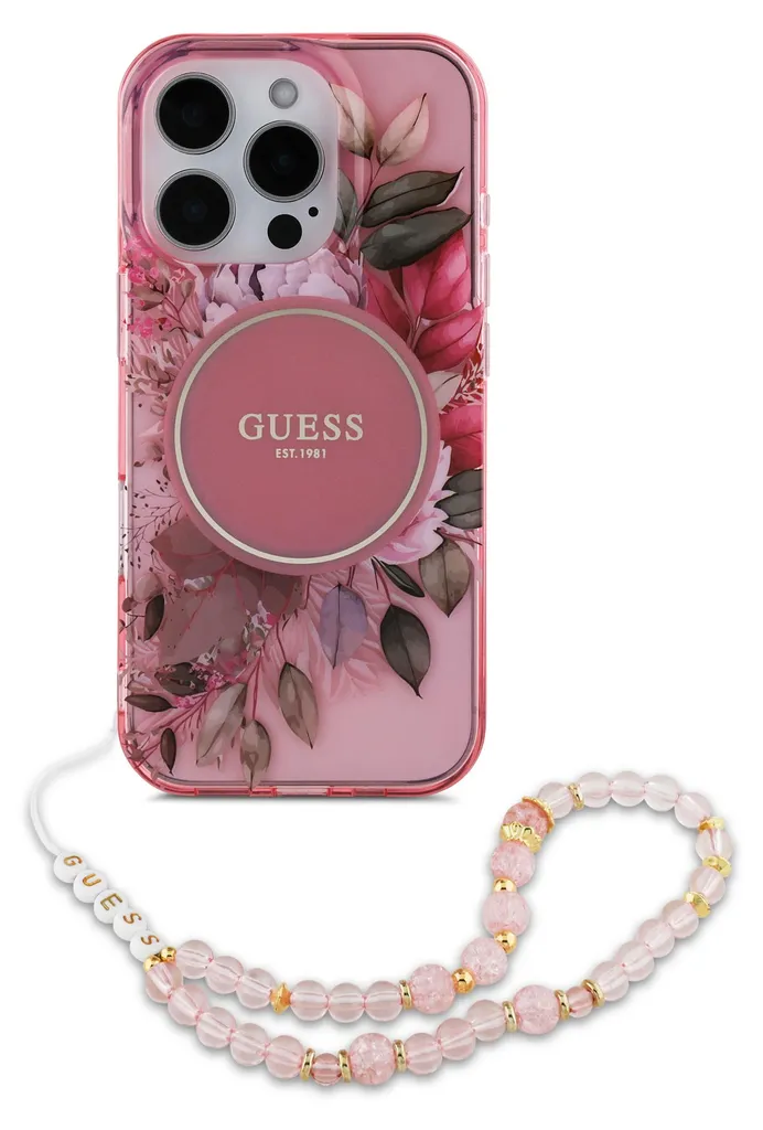 Coque Antichoc iPhone 16 Pro GUESS MagSafe Rose avec Cordon de Perle