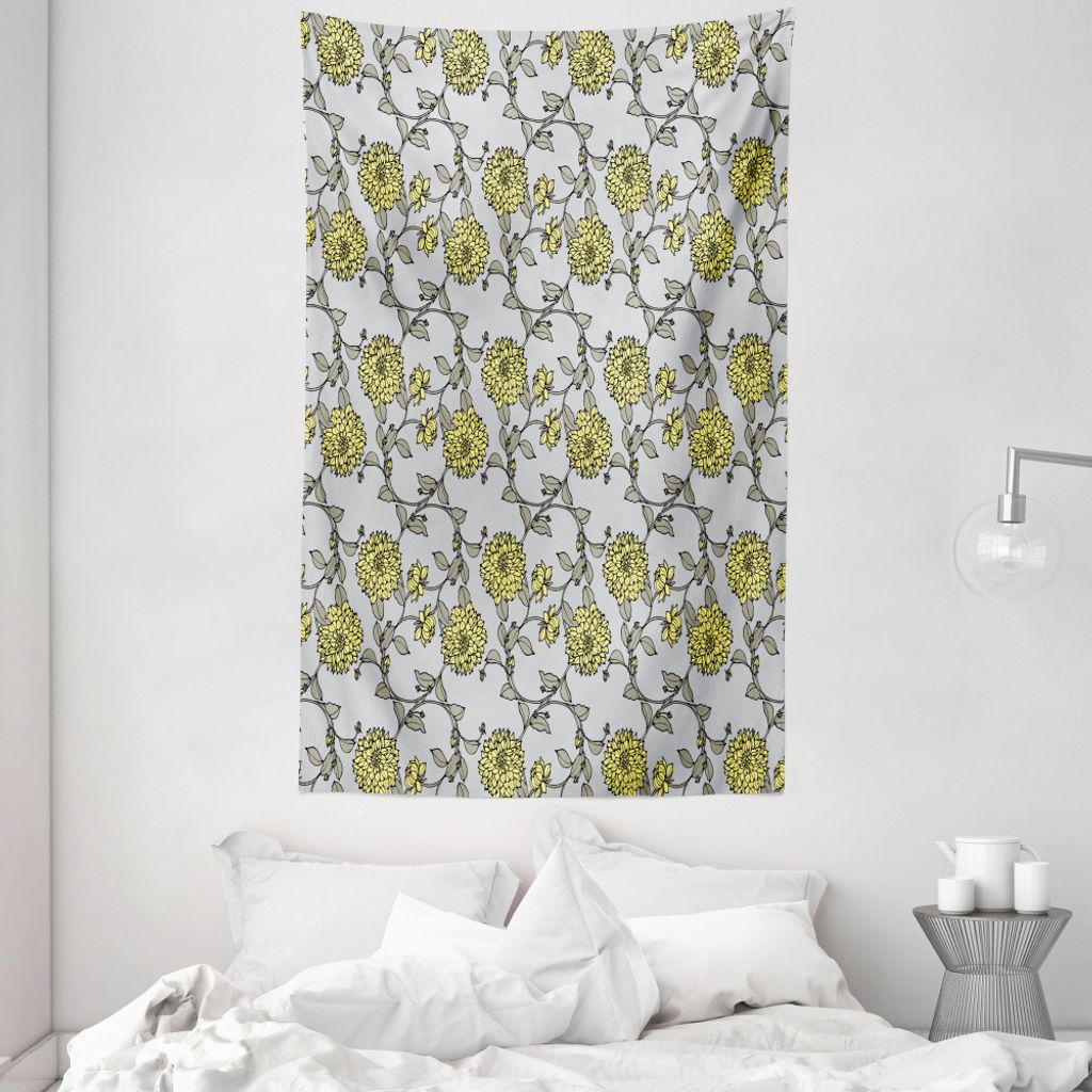 ABAKUHAUS Grau und Gelb Wandteppich und Tagesdecke, Chrysanthemum Stil aus Weiches Mikrofaser Stoff Waschbar ohne Verblassen Digitaldruck, 140 x 23...