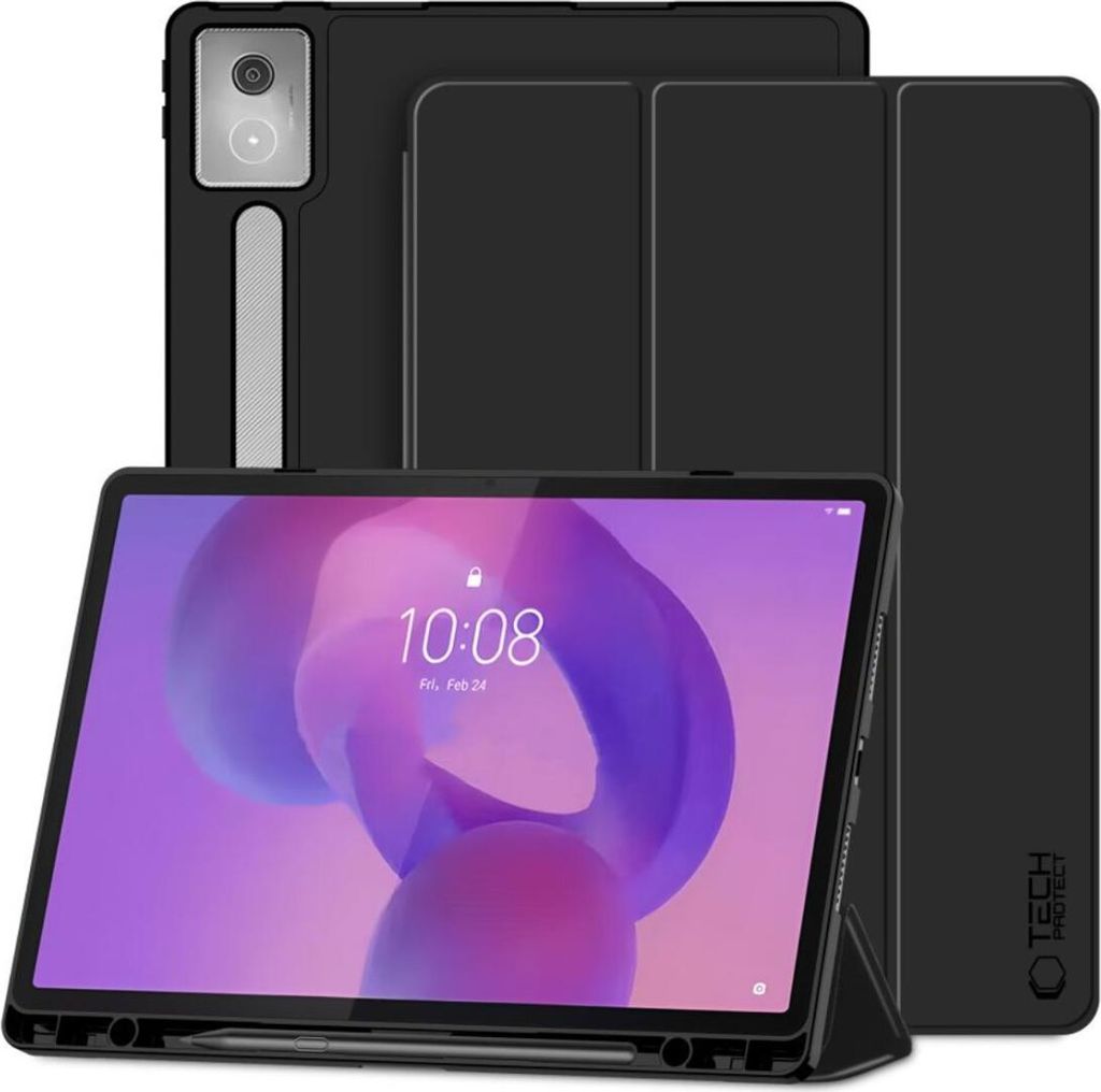 A black tablet case with a tablet inside, displayed in a studio setting.