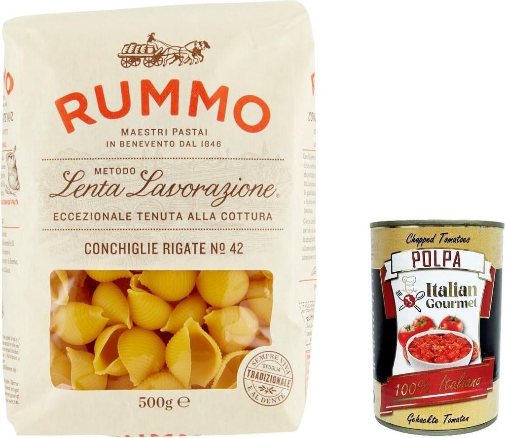5x Rummo Conchiglie rigate n.42 Pasta Lenta Lavorazione Teigwaren aus Hartweizengrieß Bronze-Zeichnung 500g + Italian Gourmet polpa 400g