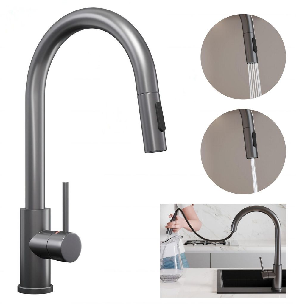 PRIMAGRAN Küchenarmatur 9010, 360° drehbar, Hochdruckarmatur, mit zwei Strahlarten, mit ausziehbarem Auslauf, Edelstahl Gun Metal