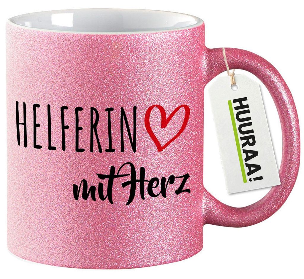Huuraa Glitzertasse Herferin mit Herz 330ml Pink Keramik Kaffeebecher Geschenkidee
