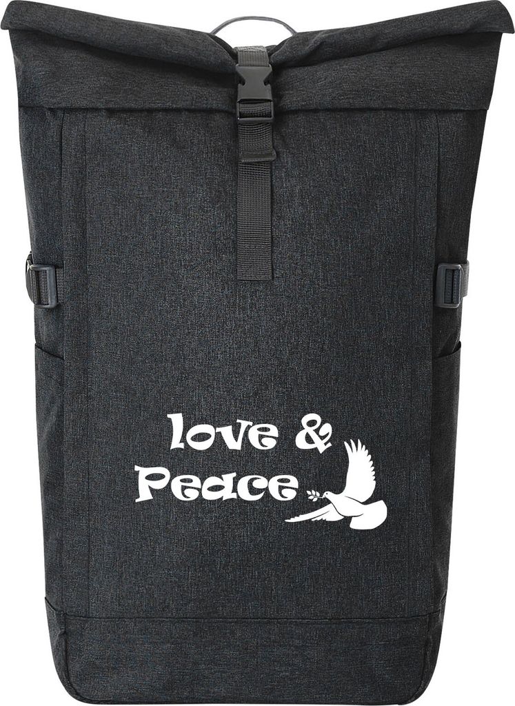 Huuraa Kurierrucksack Love & Peace 30-44 Liter Black Melange Fairtrade Rolltop Rucksack Geschenkidee