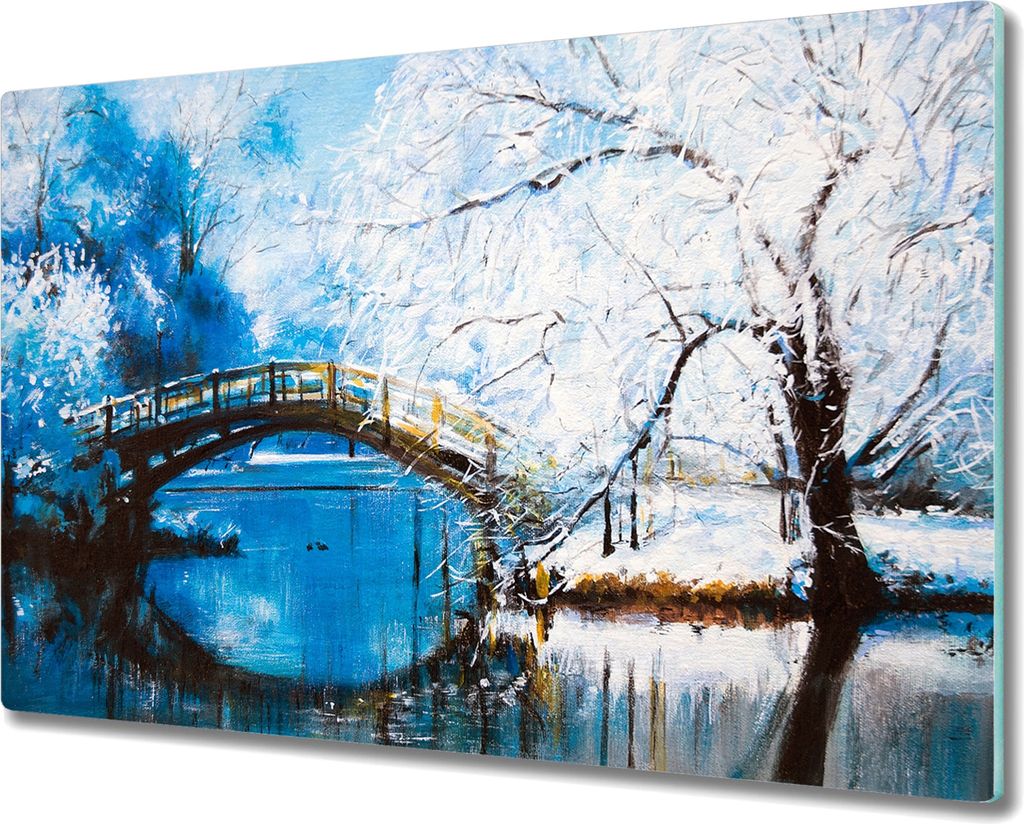 Coloray Herdabdeckplatte 80x52 cm Schneidebrett Kochplattenabdeckung Küchenbrett Hackbrett - Winterbaum Flussbrücke