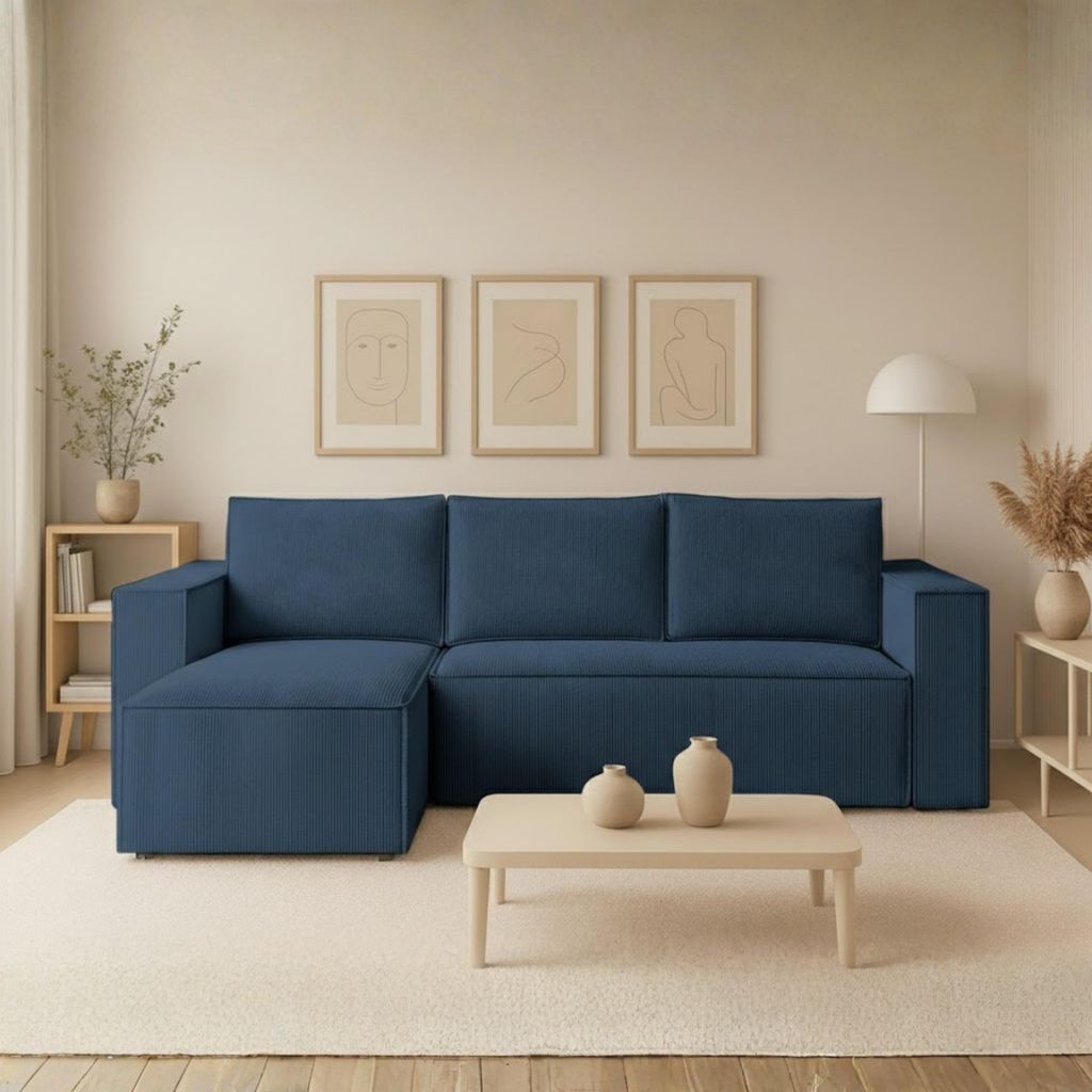 Couch L Form - Mit Schlaffunktion und Bettkasten - Links - 235x76x147 cm - Blau - Kleine Sofaecke - Wohnlandschaft L Form - Schlafsofa Modern