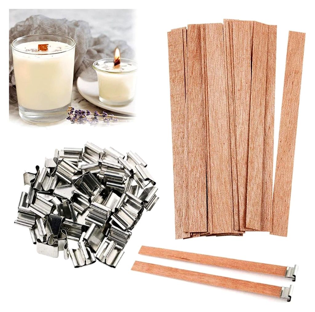 25 Stück Kerzendochte mit 25 Stück Eisenständern, Holzdochte für DIY Kerzenherstellung, rauchfreie umweltfreundliche Holzdochte