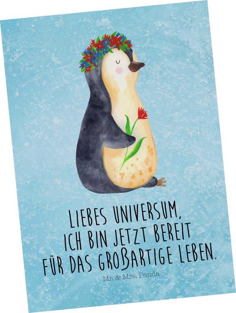 Mr. & Mrs. Panda Postkarte Pinguin Blumen - Eisblau - Geschenk, Liebeskummer, Grußkarte, Ziele, Postkarten, Ansichtskarte, Ansichtskarten, Motivat...