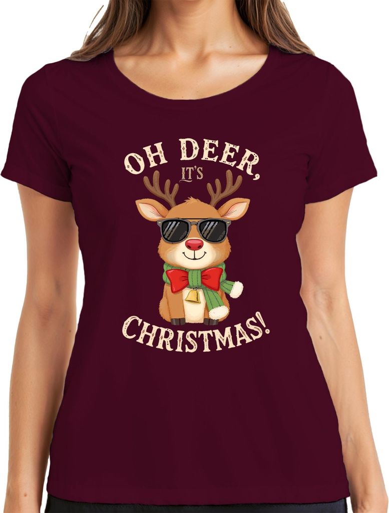 Oh Deer It's Christmas Rentier Weihnachten Sonnenbrille Geschenk Damen T-Shirt, Burgundy, L