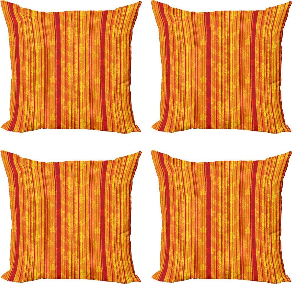 ABAKUHAUS Orange Kissenbezug Set (4 Stück), Vertikale Streifen Floral, Moderner Doppelseitiger Digitaldruck, 60 cm x 60 cm, Orange Gelb