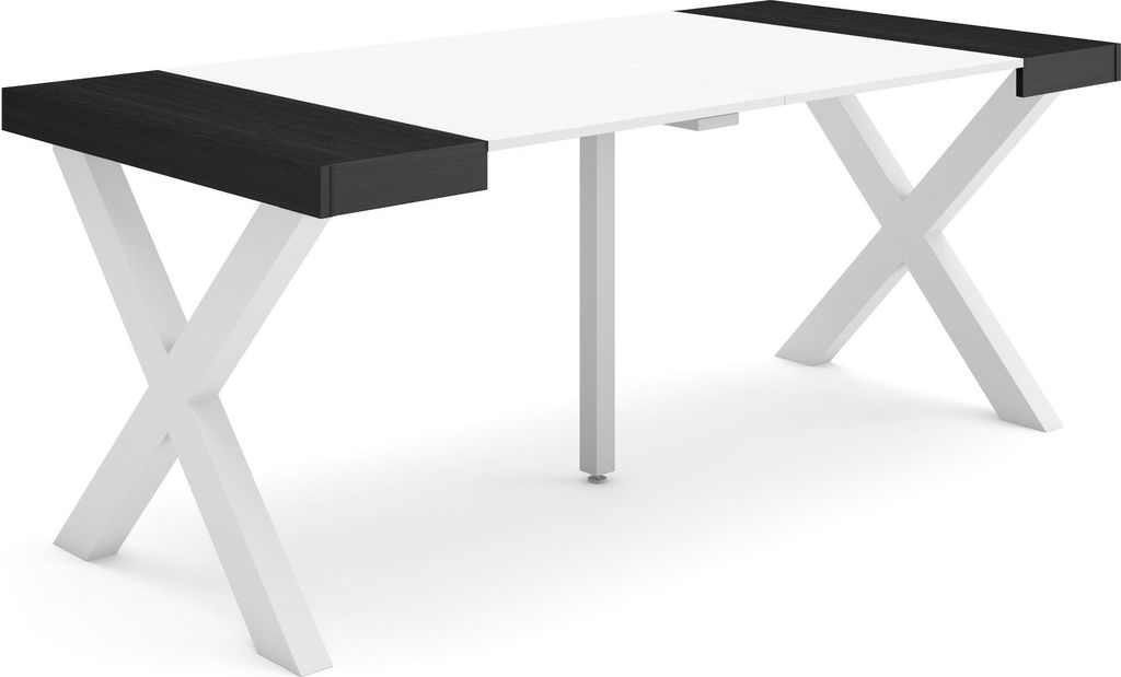 Ausziehbarertisch, 180x90x73cm, Für 8 Gäste, Massivholz Beine, Weiß und Schwarz