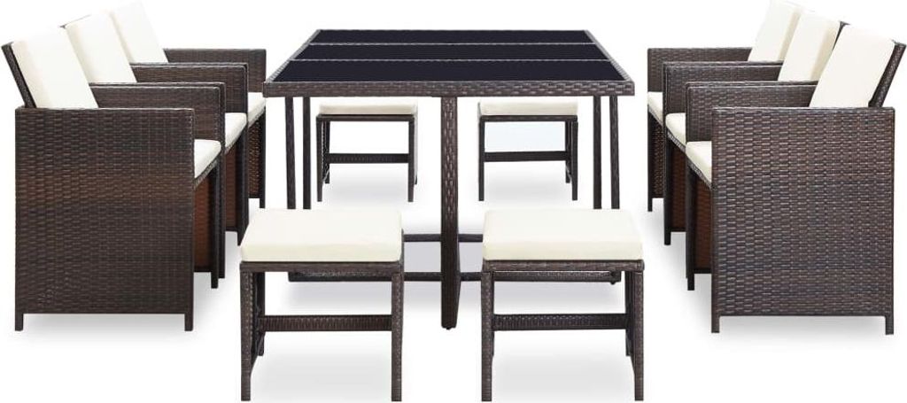 vidaXL 11-tlg. Garten-Essgruppe mit Auflagen Poly Rattan Braun
