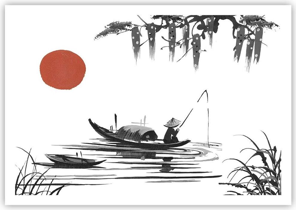 Poster - Poster ohne Rahmen - China Angler Zeichnen - 100x70 cm - Wand Bild - Wanddeko - Wandbilder - Kunstposter - Wandposter - Bilder - Kunstdruc...