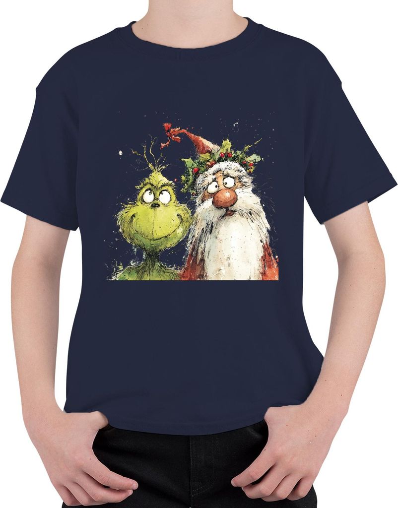 Grinch Weihnachtsmann frech Weihnachtsspaß Aquarell Cartoon Uni Kinder T-Shirt, Navy, 152