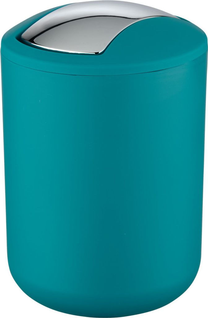 A teal colored trash can with a silver lid.