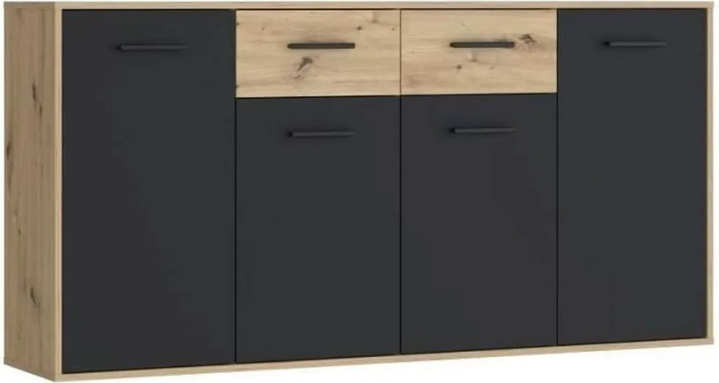 Buffet en mélamine chêne et noir 4 portes 2 tiroirs 162 x 34 x 81 cm
