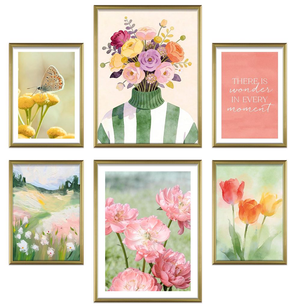 ARTFAVES Poster Set - Colorful Spring I mehrteilige Bilderwand für Wohnzimmer, Schlafzimmer I Wandbilder Fruehling I mit Rahmen Gold