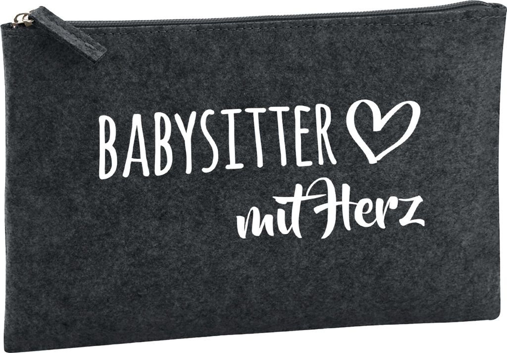 Huuraa Kulturbeutel Babysitter mit Herz 1 Liter Charcoal Filz Kosmetiktasche Geschenkidee