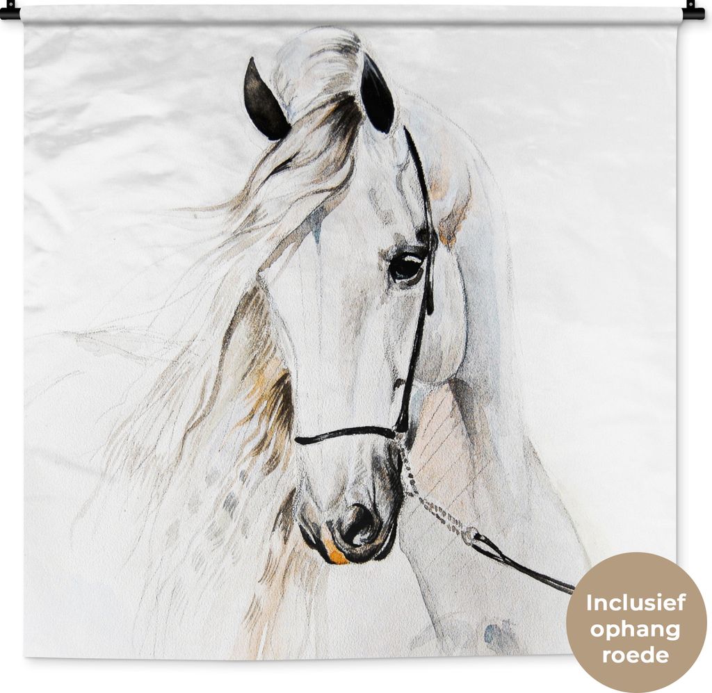 MuchoWow Wandteppich Wandbehang Pferd - Aquarell - Tiere - Weiß 150x150 cm Tapisserie Dekoration Wandtuch - Wohnaccessoires - Modernes