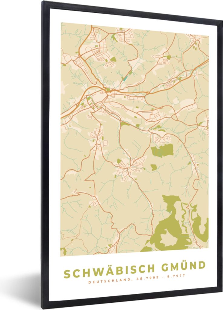 MuchoWow Gerahmtes Poster Stadtplan - Schwäb Gmünd - Vintage - Stadtplan 20x30 cm - Poster mit Schwarzem Bilderrahmen Wandposter Rahmen Foto Bi...