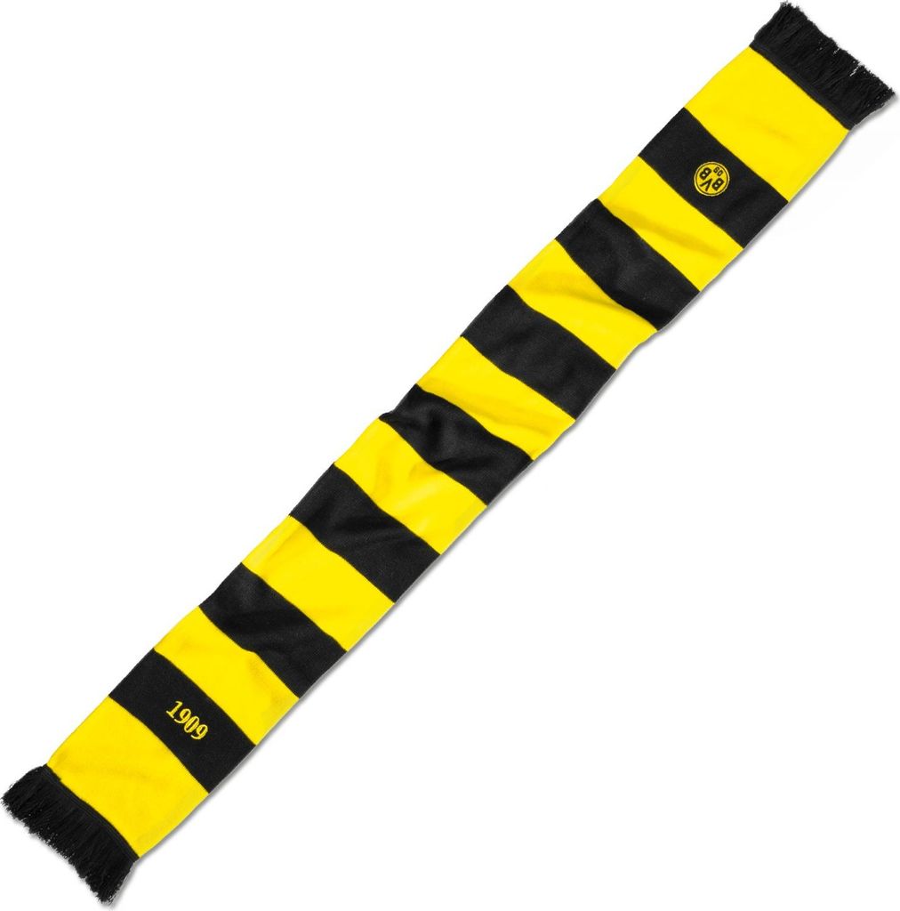 A BVB scarf with black and yellow stripes is laid out diagonally on a white background.