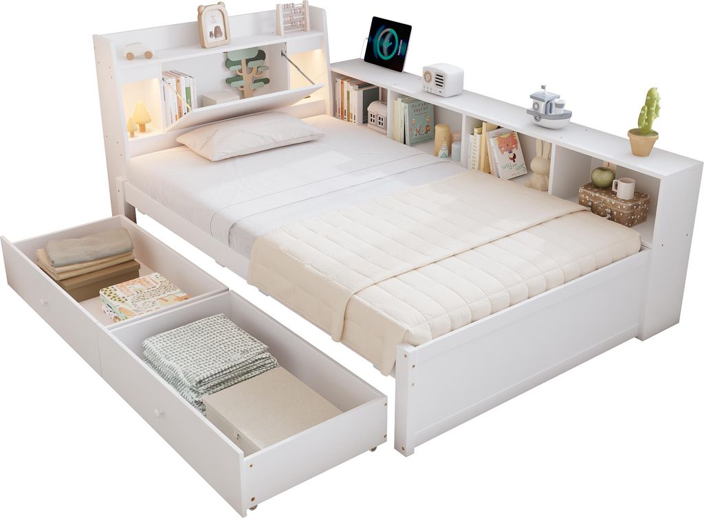 Stauraumbett 90x200 cm, Lattenrost, Schubladen, Regal, Produktbild 