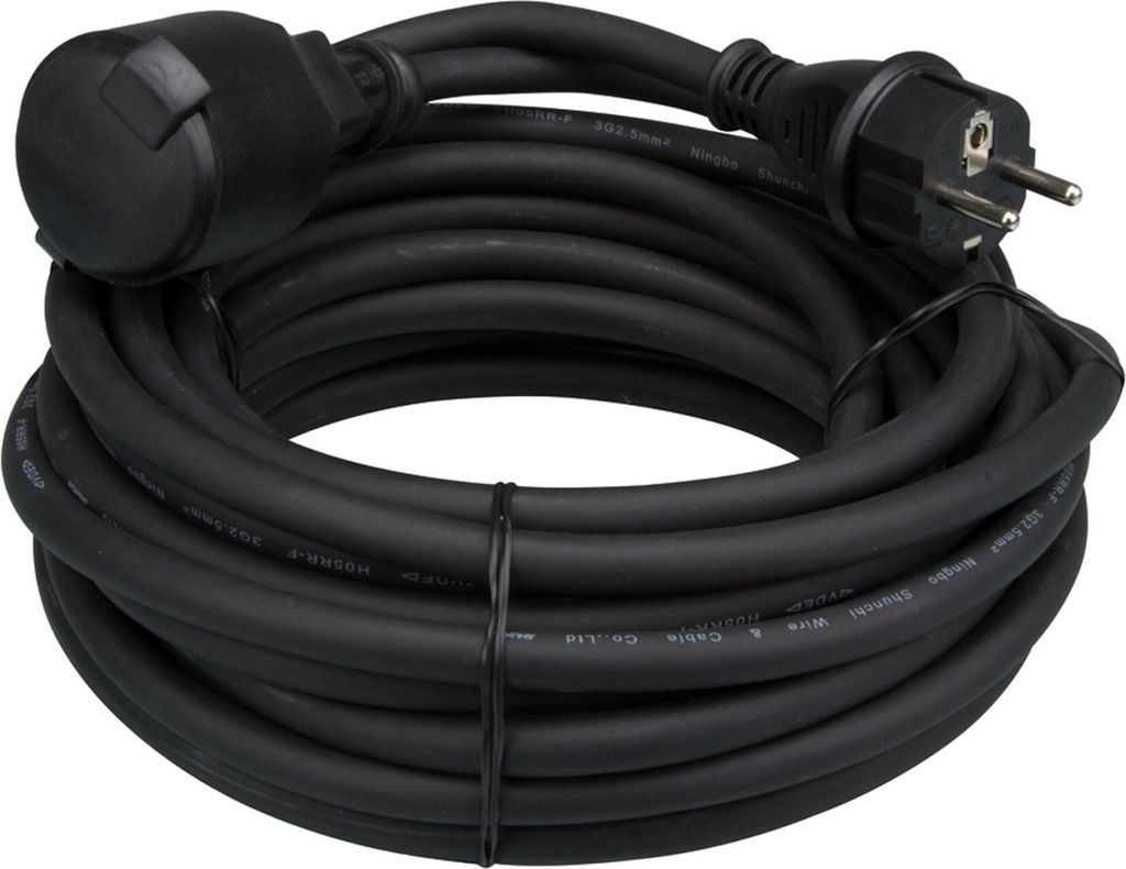 Perel Verlängerungskabel, H05RR-F 3G2.5, 10 m, 16 A/230 V, 3680 W, Typ E/F, IP44, Gummi, schwarz