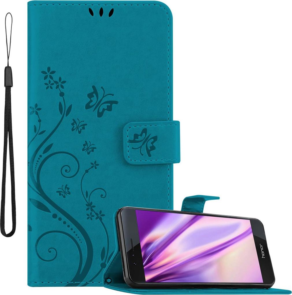 Cadorabo Hülle für Honor 8 / 8 PREMIUM Schutz Hülle in Blau Schutzhülle Handy Hülle Etui Case Blumen Flower