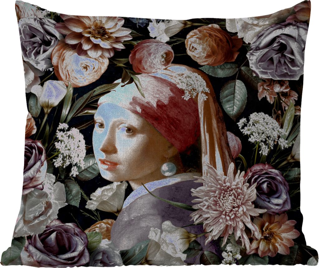 MuchoWow Outdoor Kissen - Mädchen mit Perlenohrring - Blumen - Vermeer - Pastell - Kunstwerk - Gemälde - Alte Meister - 40x40 cm - Wetterfest -...